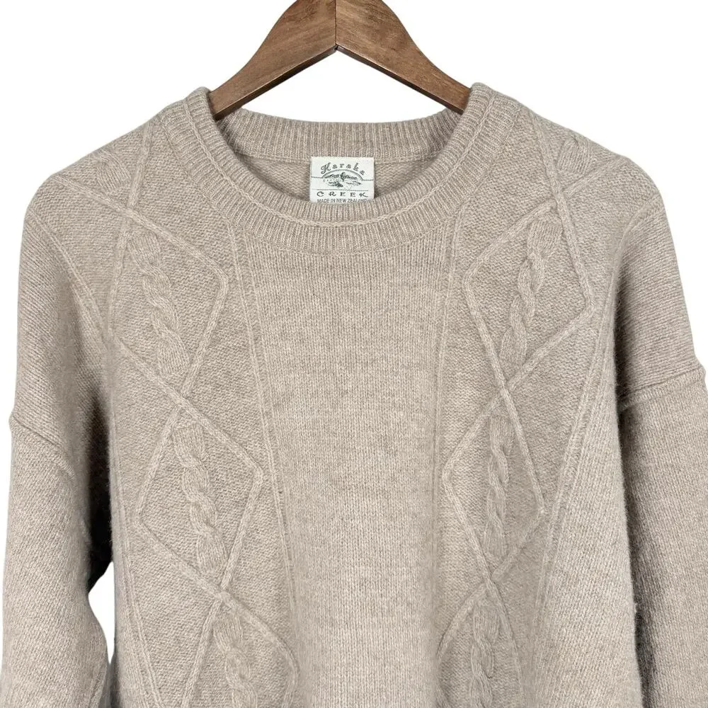 Karaka Creek Sweater Mens M Beige Merino Wool Cable Knit Crew Neck Pullover